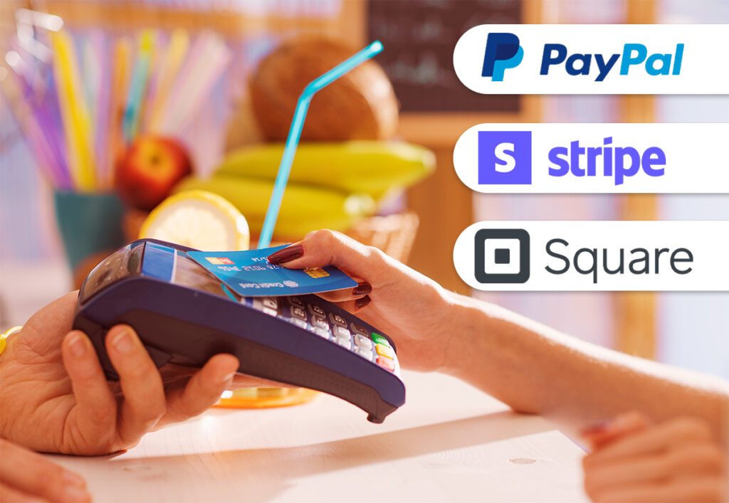 Image showing PayPal, Stripe, and Square logos for the 911MYWEB blog about selecting the best ecommerce merchant account.