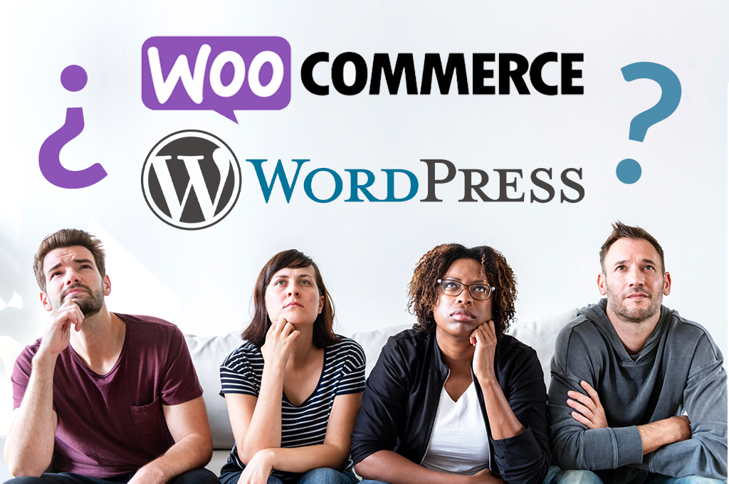 A group of people sitting on a couch with WooCommerce and WordPress logos above them, discussing website creation in Miami, Florida.