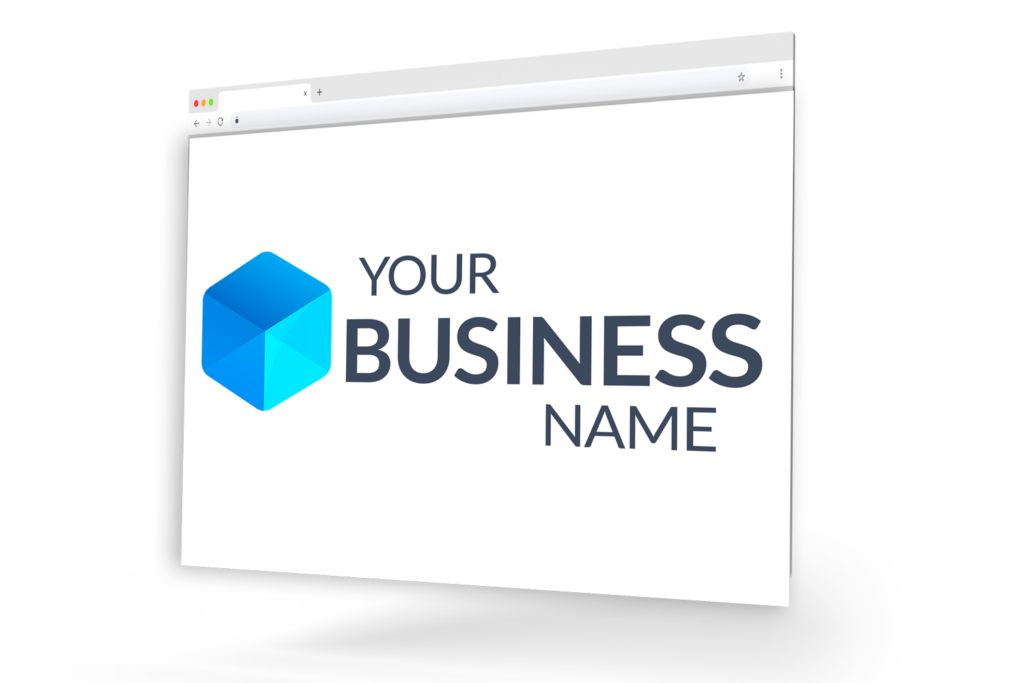 A business website logo with a modern blue geometric icon and the text "YOUR BUSINESS NAME" displayed on a computer screen, symbolizing professional website design in Miami, Florida.