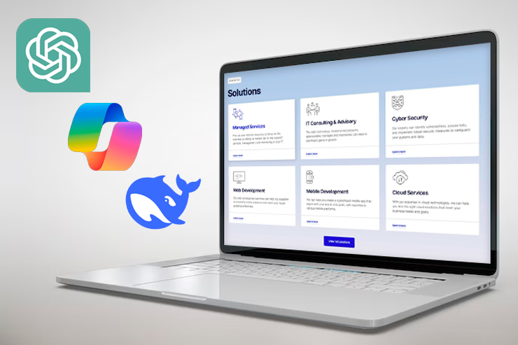 A laptop screen displaying IT solutions, including web development and mobile development, alongside logos of OpenAI, Microsoft Loop, and Whale.
