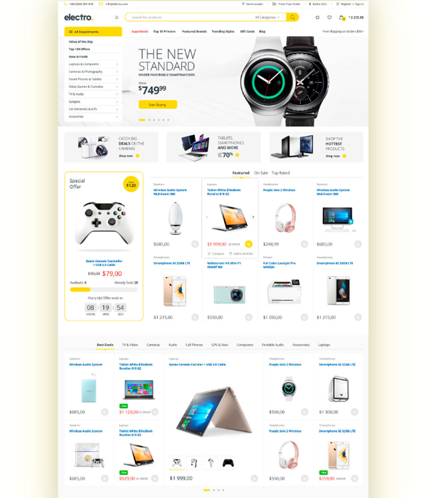 An e-commerce website interface showcasing electronics products like smartwatches, laptops, and game consoles, representing expertise in Miami, Florida website design services.