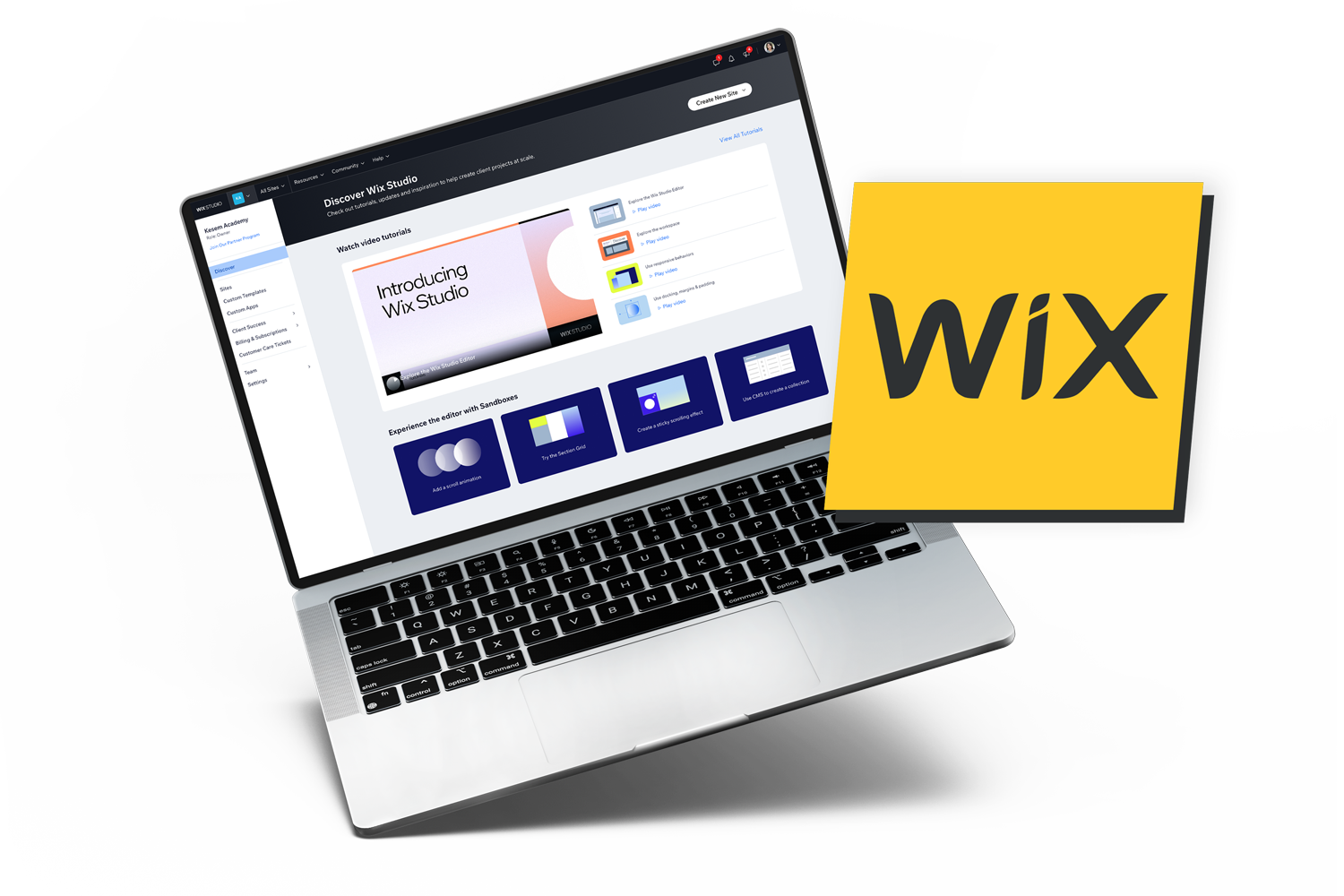 A laptop displaying Wix Studio's website editor interface, highlighting features for professional website design.