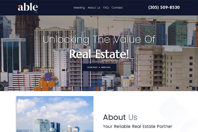 Modern real estate website design showcasing properties, with branding for AbleCRE and user-friendly navigation.