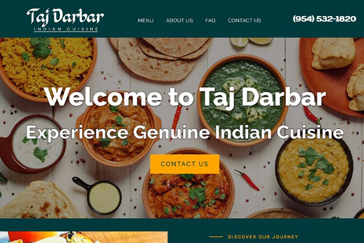 Website design for Taj Darbar Indian Cuisine, showcasing vibrant colors and traditional Indian elements.